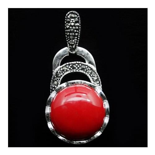 VINTAGE 925 STERLING RED CORAL MARCASITE NECKLACE PENDANT 40X20MM