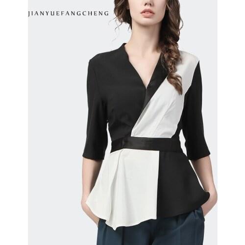 Fashion Black White Color Block V-Neck Tops Women Summer New Patchwork Half Sleeve High Waist Slim Elegant Office Blouses