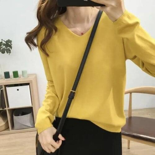 Spring Autumn New Loose V-neck Pullover Fashion Women Long Sleeve Casual Solid Color Korean Chic Knitted Sweater Streetwear