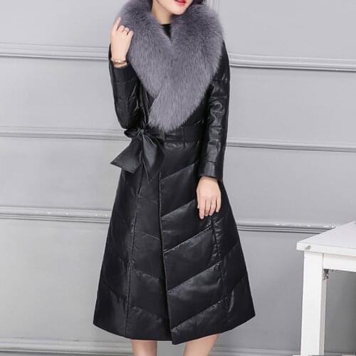 Leather Women Faux Fox Fur Collar Winter Coat Long Down Jacket Overcoat Coats Chamarras De Mujer KJ524