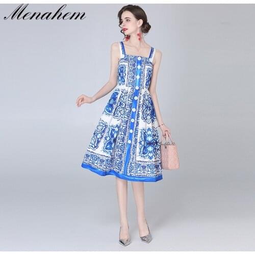 Menahem Runway Summer Beach Floral Dress Womens Sleeveless Blue and White Porcelain Flower Print Backless Zipper Midi Dress