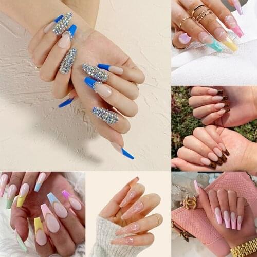 24 Pcs French Ballet Colorful Fake Nails Artificial Diamond Decoration Press On Nail Tips Manicure Tools Nail Art Accessories