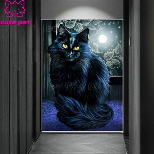 New 5D DIY Full square Diamond Painting Black cat under the moon Mosaic puzzle Rhinestone Embroidery Cross Stitch animal decor