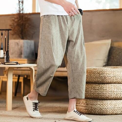 Nice Pop Fashion Men Casual Harem Pants Summer Trousers Mens Cotton Linen Pants Male Chinese Style Solid Calf-length Pants 5XL