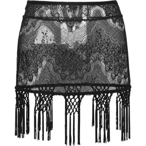 Steam Punk Black Tassel Lace Short Skirt Womens Fashion Summer Sexy Half Transparent Mini Skirt With A Low Waist A-line Q-255