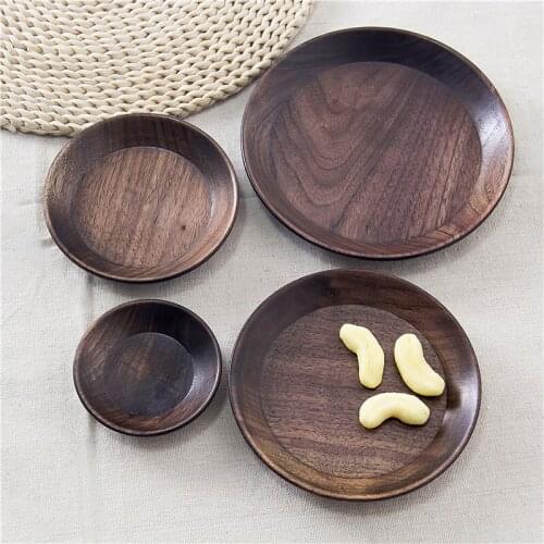 Wooden Plate Japanese Black Walnut Solid Wood Round Snack Fruit Tray Seasoning Dish Tableware Household Kitchen Supplies