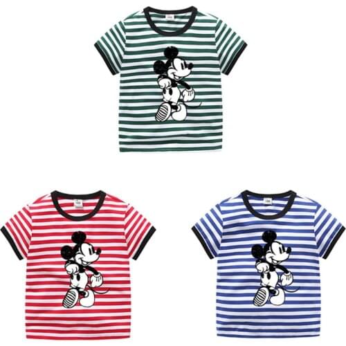Disney childrens short-sleeved t-shirt cotton t-shirt Mickey stripe pattern boys and girls tops shirt childrens t-shirt summer