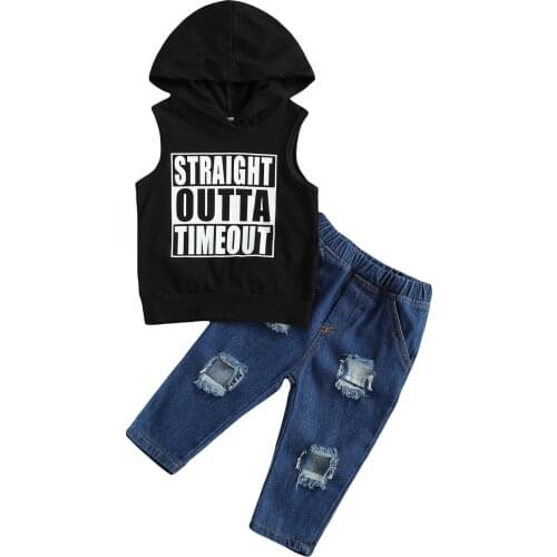 FOCUSNORM Fashion Kids Baby Boys Summer Clothes Sets 2pcs Letter Printed Hooded Sleeveless Tops Denim Pants 0-5Y