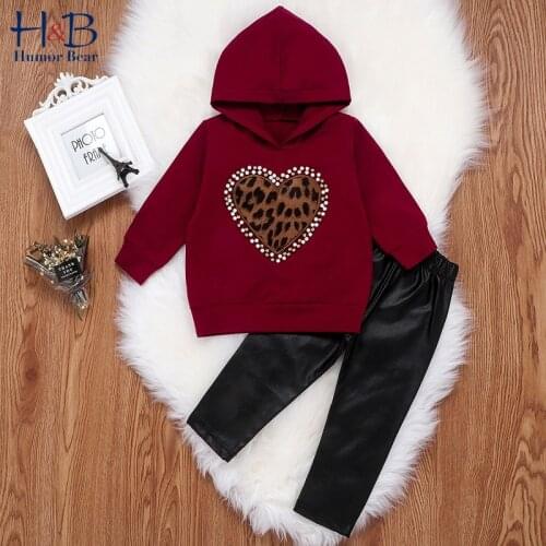 Humor Bear Autumn &Spring Girls Kids Clothing Toddler Leopar Hooded Sweater+ Leather Trousers 2PCS Suit Children Clothes Sets