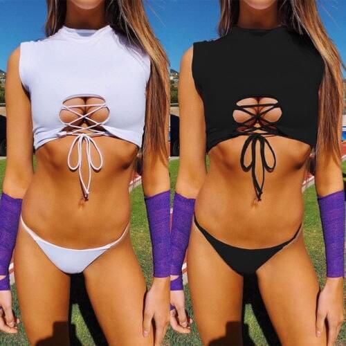 Two-Pieces Womens Push Up Padded High Neck Bandage Sport Bra Bikini Set Swimsuit Swimwear Brazilian Bathing Suit Beachwear