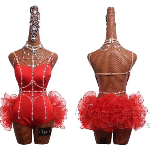 Latin Dance Competition Costume Performance Costume SALSA Sashasha Red Short Fish Bone Curling Drill