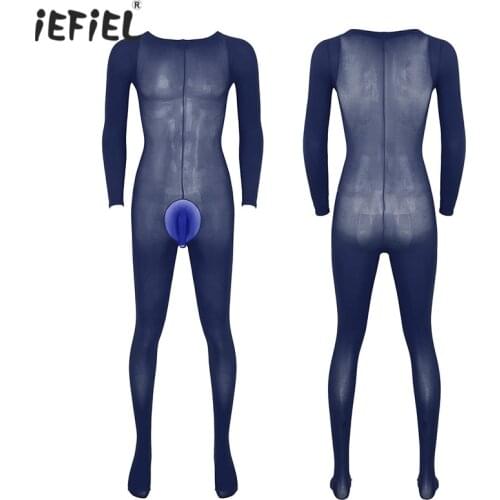 Mens Lingerie Bodystockings Sleepwear Sexy Tights Pants Bulge Pouch Stretchy Pantyhose Male Round Neck Long Sleeves Bodysuit