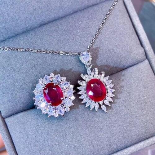 100% Natural Real Ruby Set 925 Sterling Silver,1pc Ruby Ring,1pc Ruby Pendant Party Jewelry Wholesale