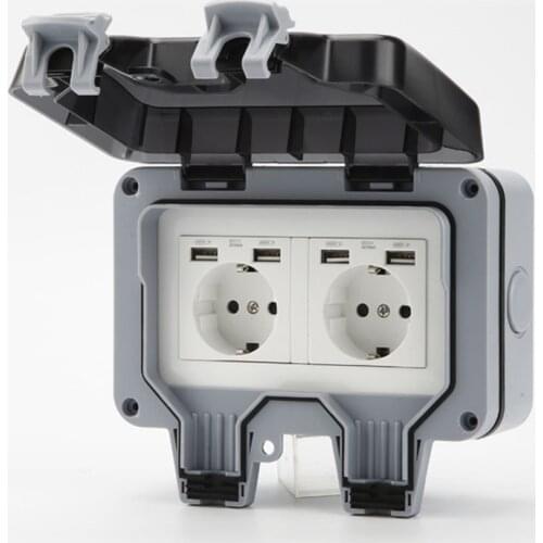 Wall Switch Socket IP66 Weatherproof Waterproof Power Outlet Double EU Standard With Lockable Cover 220V 250V Outdoor Plug Base