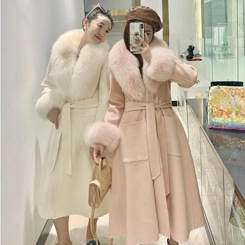 Celebrity Style 2020 New High-End Double-Faced Woolen Goods Wool Overcoat Mid-Length Fox Fur Collar Woolen Coat