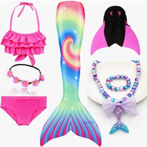 NEW!Children Mermaid Tail with Fin Swimsuit Bathing Suit for Kids Girls with Pearl Necklace Set Garland