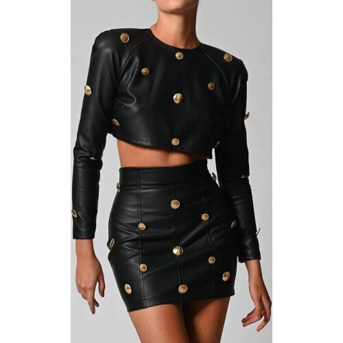 2021 Autumn Vegan Leather Long Sleeve Crop Top and Skirt with Gold Button Winter Elegant Outfits Fall Women Two Piece Skirt Set