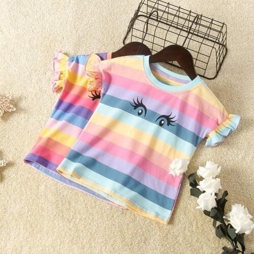 Oyolan Summer Girls Rainbow T-Shirt Colorful Stripe Children Clothes Cotton T Shirt Cute Fashion Ruffle Short Sleeve Tops Casual