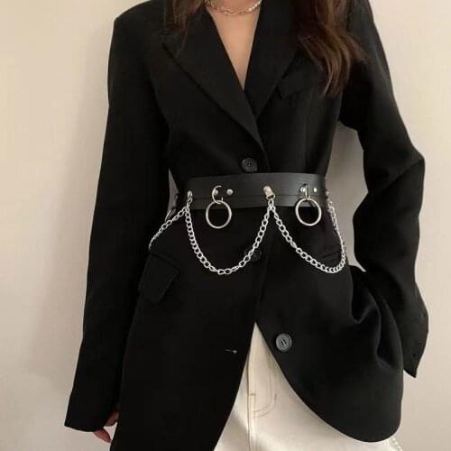 Sexy Women Gothic Heart Hiphop Belt with Chain Harajuku Punk Style Jk Waist Adjustable Disco Dancing Pu Dress Jeans Waist Chain