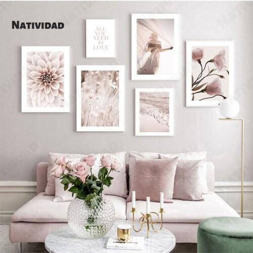 Pink Art Painting Petals Beach Sunset Art Simple Natural Scenery Plant Painting Spray Painting Bedroom Living Room Decoration