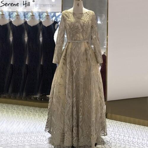 Serene Hill Gold A-Line Luxury Evening Gowns 2020 Lone Sleeves Beading Crystal O-Neck Formal Dress LA70743
