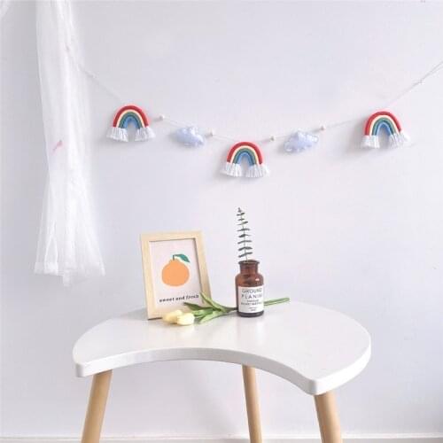 Nordic Wooden Beads Garland with Felt Cloud Knitting Wool Rainbow Tassel Pendant Hanging Ornament Photo Shooting Props for 69HE