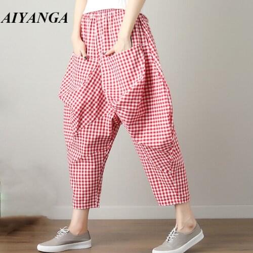 New 2018 Fashion Women Plaid Harem Pants Cotton Linen Trousers Summer Autumn Elastic Waist Loose Casual Pant Female Big Pockets