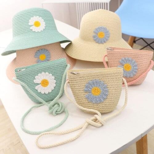 3-7 Years Girl 2PCS Hat Bag Set Flower Straw Hat Bag Set Spring Summer Beach Camping Sunhat Foldable Adjustable Cute Gilr Cap