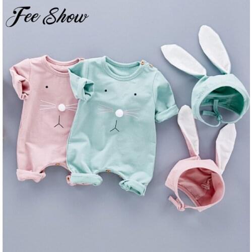 Infant Baby Girl Boys Spring Newborn Baby Bunny Rompers With Rabbit Ear Hat Baby Solid Jumpsuit Overalls Easter Costume 0-24M