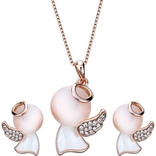 HC Lovely Opal Crystal Womens Earrings Necklace Cute Angel Pendant Girl Children Party Gift Kids Birthday Jewelry Set Trend New