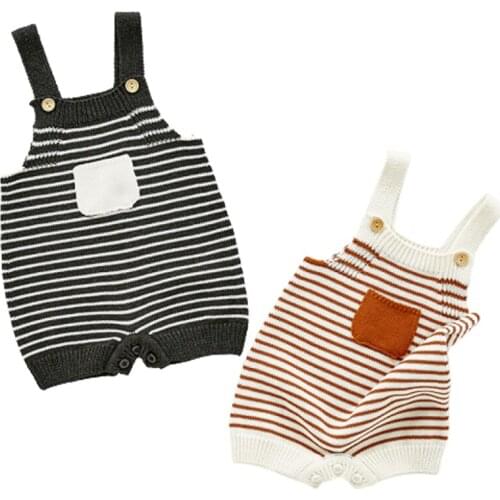 Newborn Boy Overalls Baby Rompers Autumn Stripe Knitted Baby Girl Jumpsuit Clothes Pocket Sleeveless Children One Piece Costume