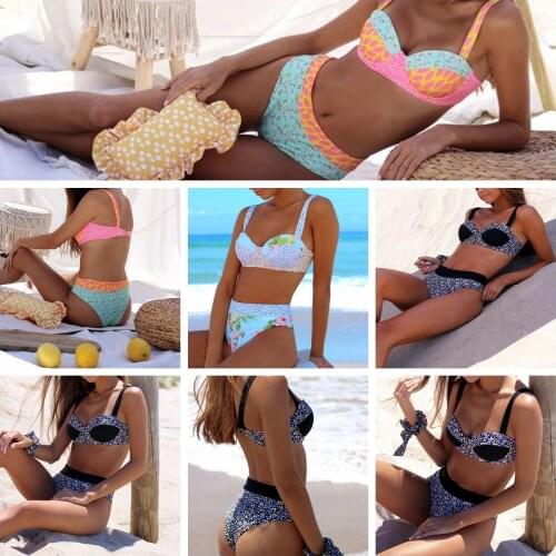 Two Piece Floral Print Swimwear Women Ladies Summer Split Set Plant Sexy Backless Bikini Beach Swimsuit for Travel