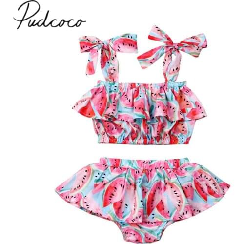 2019 Baby Summer Clothing Newborn Toddler Baby Girl Clothes Sets Watermelon Sleeveless Ruffle Crops Tops Shorts Outfits Sunsuit