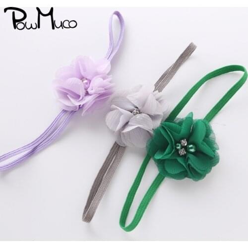 Powmuco 6pcs/lot Cute Handmade Chiffon Flower Infant Elastic Hairband Shining Rhinestone Beads Floral Headband Party Decoration