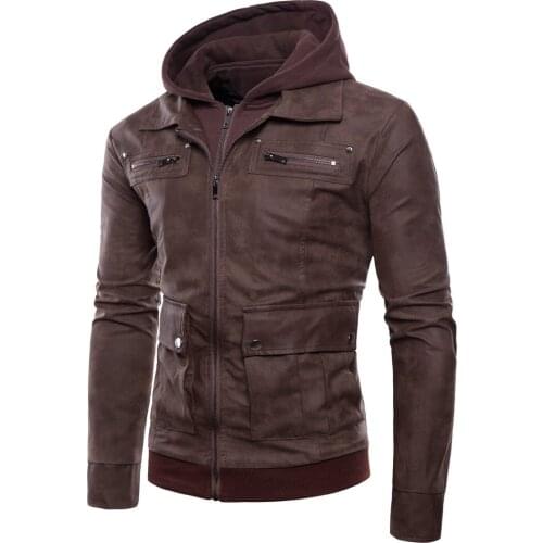 Mens Hooded Leather Jackets Coat Fake Two Leather Jacket Chamarras De Piel Para Hombre Autumn Winter Clothes Men