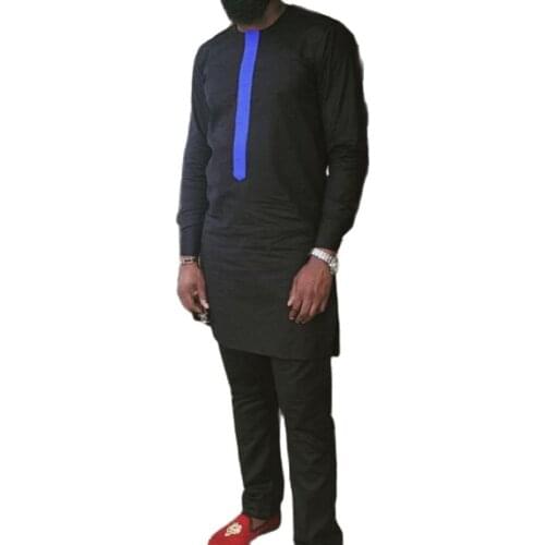 Man Shirts With Pants Senator style Black/Blue dashiki Patchwork Top+Solid Trouser Groom Suit Custom Made Mens African clothes