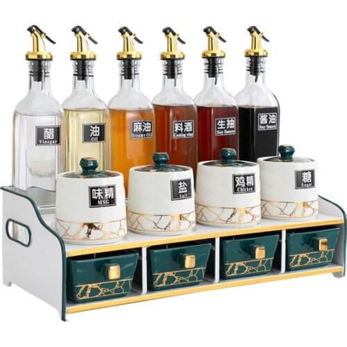 Nordic Seasoning Box Combination Set Household Ceramic Seasoning Jar Salt Shaker Glass Oil Bottle Storage Rack Kitchen Supplies