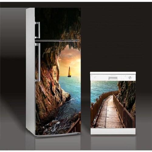 Fridge Sticker Mountain Cave Refrigerator Dishwasher Door Wrap Kitchen Wallpaper Accessories Modern 3d Wall Stickers