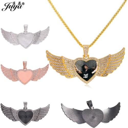 6PCS Heart Cabochon Angel Wing Pendant Base DIY Jewelry Making Alloy Matching Diamond 30mm Necklace Crafts Jewellry Findings