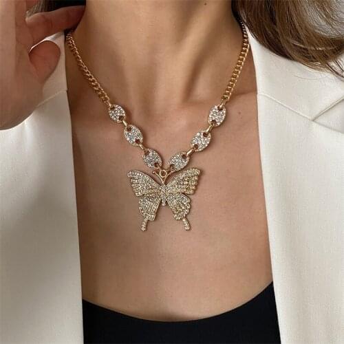 Alloy Material Butterfly Necklace Punk Micro-inlaid Rhinestone Geometric Clavicle Chain Retro Cuban Hip Hop Sweater Chain