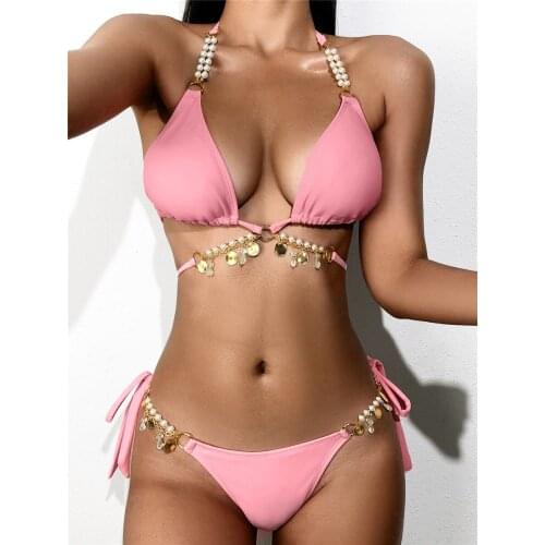Sexy Pearl Strap Thong Bikini Set Pink Swimwear Women Swimsuit Halter Bathing Suit Biquinis String Triangle Bikinis 2021 Mujer
