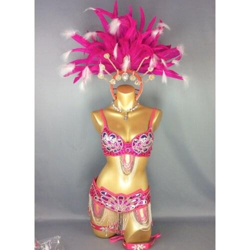 Free shipping hot selling Sexy Samba Rio Carnival Costume handmde new belly dance costume with hot pink Feather Head piece