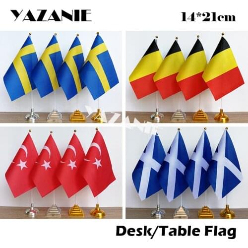 YAZANIE 14*21cm 4PCS Sweden Belgium Table Flag with Plastic Base and Pole Turkey Scotland Desk Flag Desk Set with Golden Stand