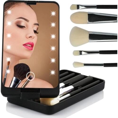 1 set LED Lighted Makeup Cosmetic Mirror with Makeup Brushes Travel Folding Makeup Mirror Box Portable Compact Mirror