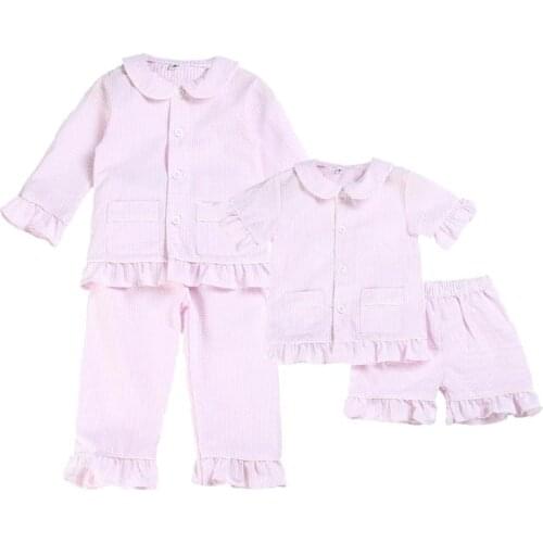 100%cotton seersucker two pieces spring summer pink ruffle button kids pyjamas boys and girls pajamas sets