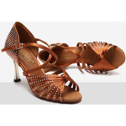 2021 Brand Bronze Black Satin Latin Dance Sapato Womens Rhinestone Companionship Shoe Salsa Party Ballroom Pole Dancing Shoes