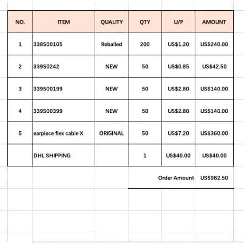 962.50 Order Link for iPhone IC & Flex Cable as the Sheet Shows in Details, Shipping toTurkey