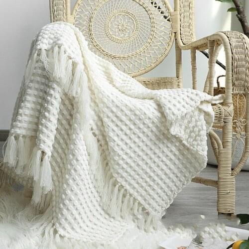 White Blanket Chernier Knitted Blanket Casual Shawl Cover Blanket Sofa Blanket with Tassel Travel Home Bed Blanket