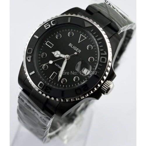 BLIGER 40mm Fashion casual Ceramic Bezel PVD black steel case sapphire glass blackd Folding buckle date Automatic mens watches