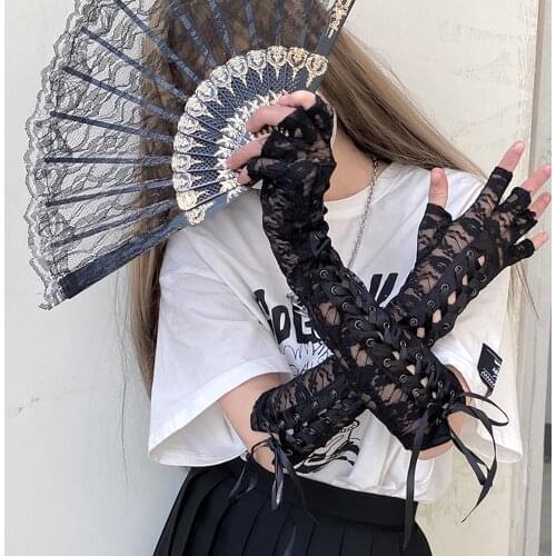Black White Lace Floral Gloves Gothic Cross Tie Up Long Gloves Women Sexy Transparent Bridal Wedding Party Cosplay Accessories